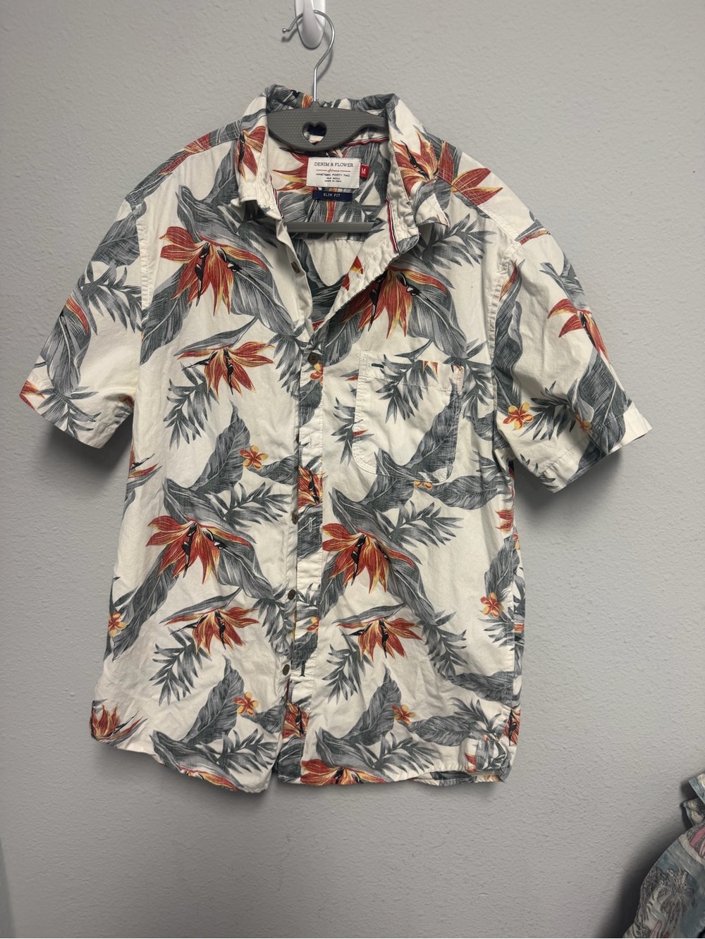 Denim & Flower Cream Short-Sleeve Button-Down with Orange Floral Print